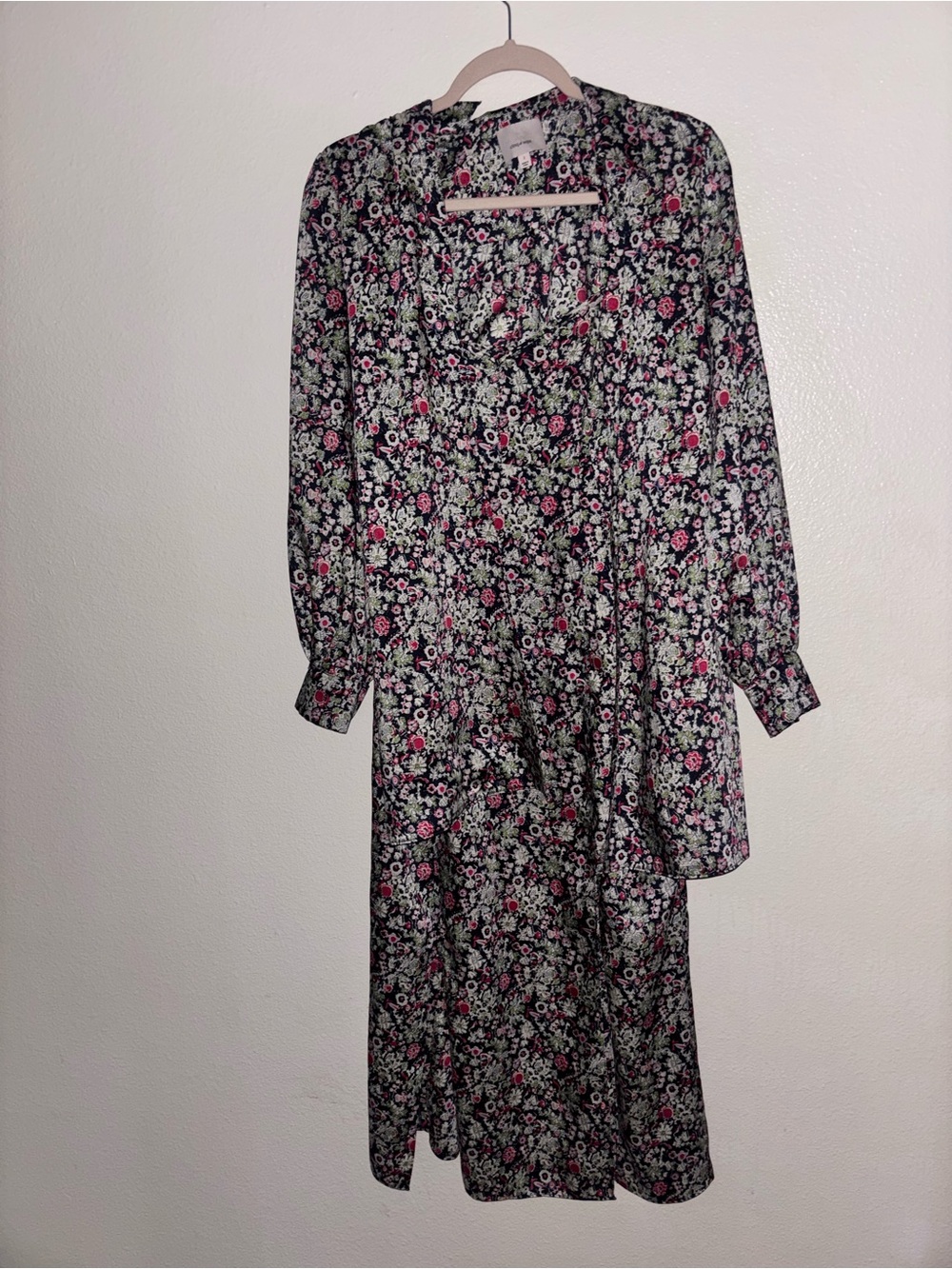 cinq a sept Black Floral Long-Sleeve Midi Dress with Pink Accents